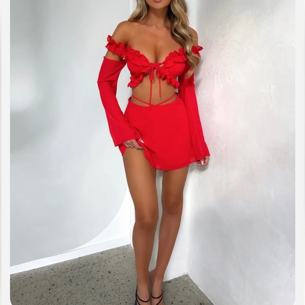 Off-Shoulder Red Mini Dress with Ruffle Detail
